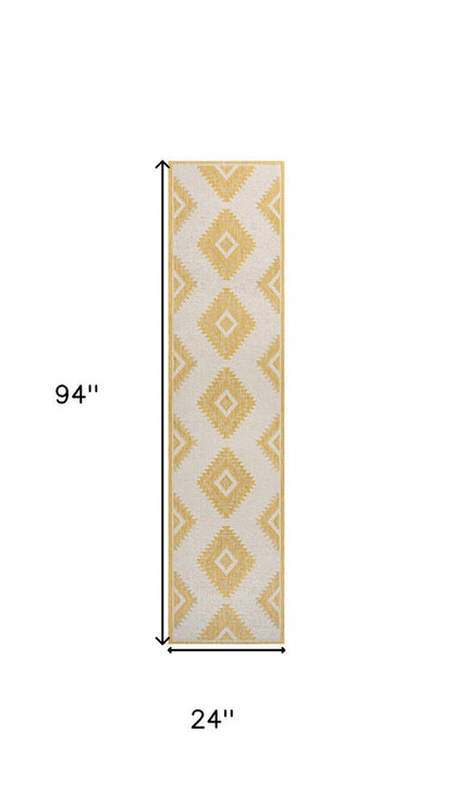 8' Yellow And Cream Moroccan Indoor Outdoor Runner Rug HomeRoots