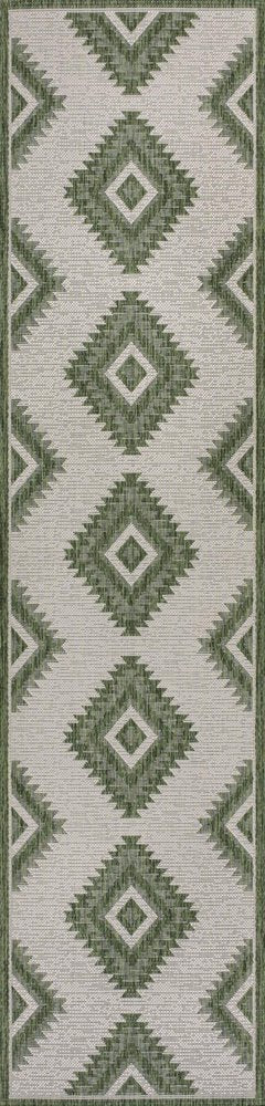 8' Green And Cream Moroccan Indoor Outdoor Runner Rug