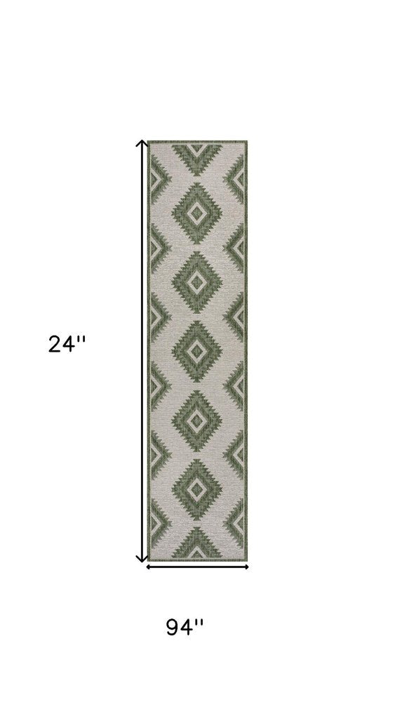 8' Green And Cream Moroccan Indoor Outdoor Runner Rug HomeRoots