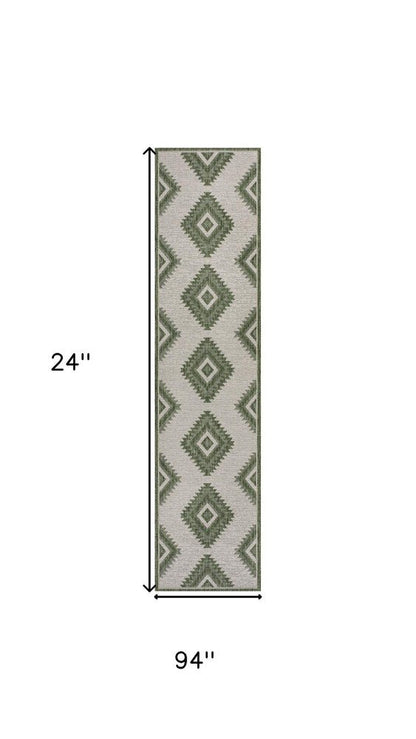 8' Green And Cream Moroccan Indoor Outdoor Runner Rug HomeRoots