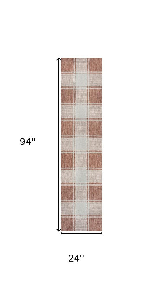 8' Salmon And Cream Gingham Indoor Outdoor Runner Rug — view 5