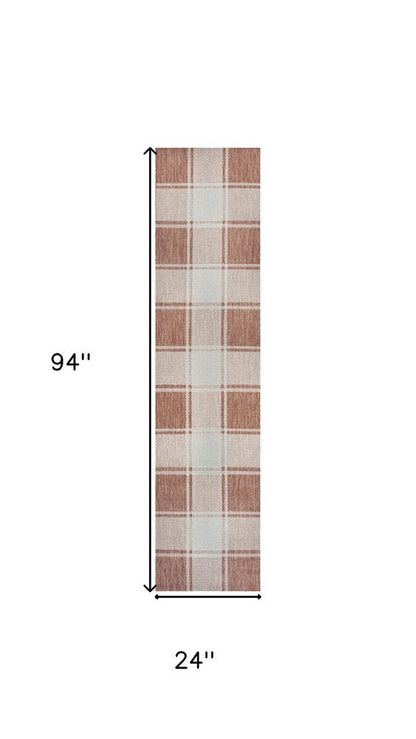 8' Salmon And Cream Gingham Indoor Outdoor Runner Rug HomeRoots