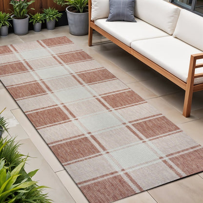 8' Salmon And Cream Gingham Indoor Outdoor Runner Rug HomeRoots