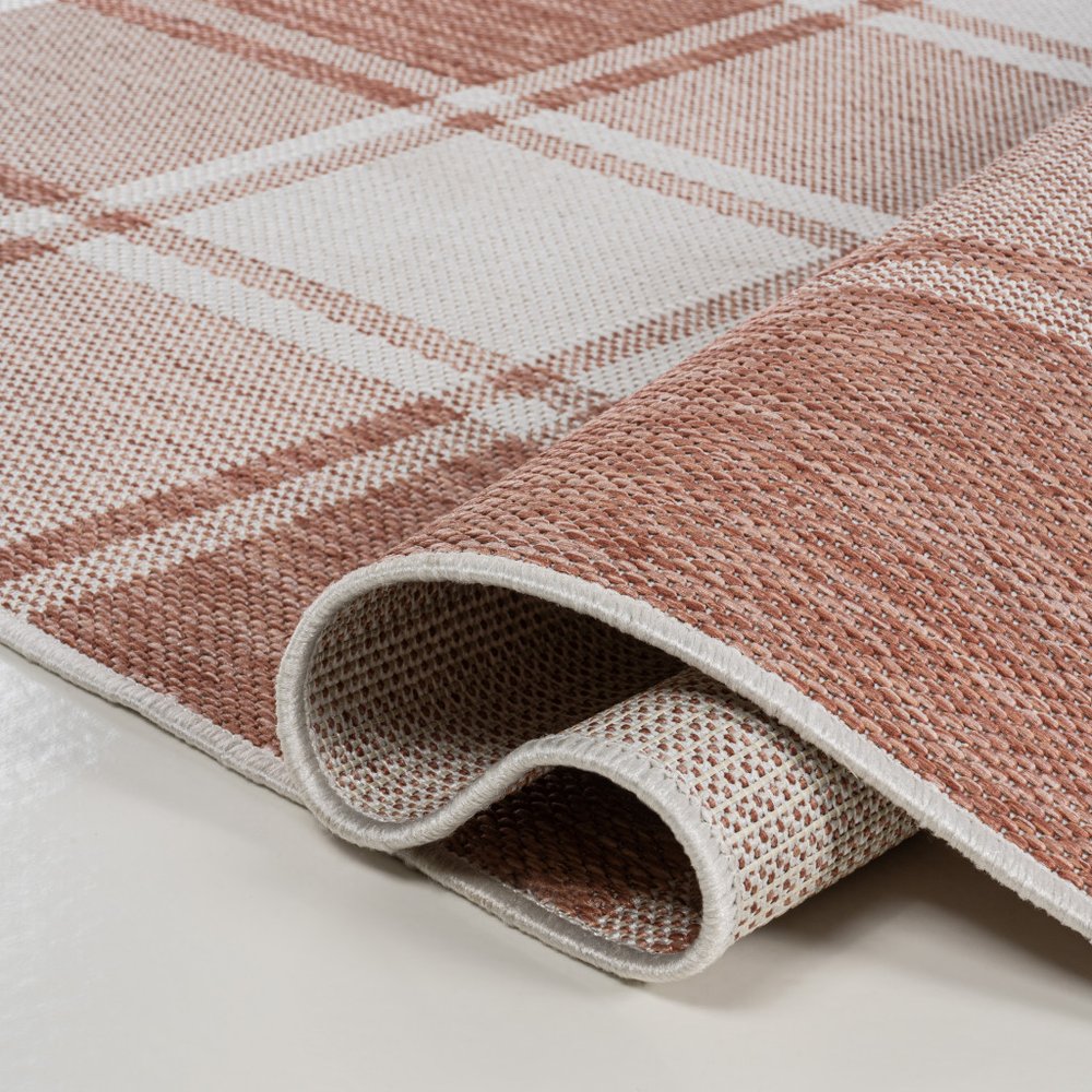 8' Salmon And Cream Gingham Indoor Outdoor Runner Rug — view 4