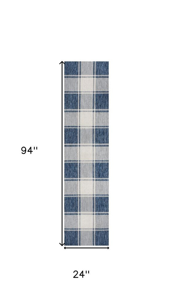 8' Navy Blue And Cream Gingham Indoor Outdoor Runner Rug HomeRoots