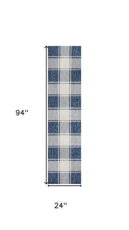 8' Navy Blue And Cream Gingham Indoor Outdoor Runner Rug HomeRoots