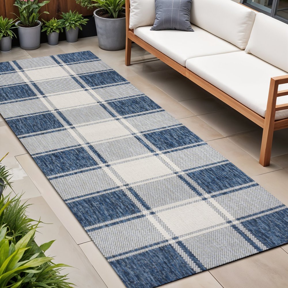 8' Navy Blue And Cream Gingham Indoor Outdoor Runner Rug HomeRoots