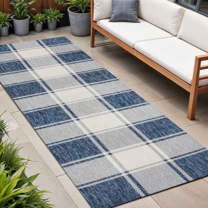 8' Navy Blue And Cream Gingham Indoor Outdoor Runner Rug HomeRoots