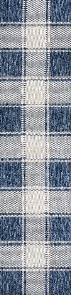 8' Navy Blue And Cream Gingham Indoor Outdoor Runner Rug HomeRoots