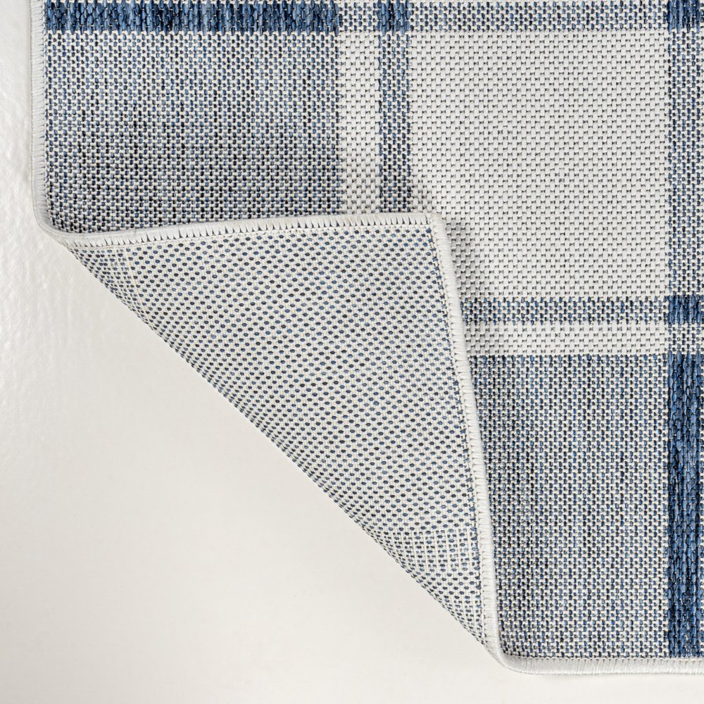 8' Navy Blue And Cream Gingham Indoor Outdoor Runner Rug — view 2