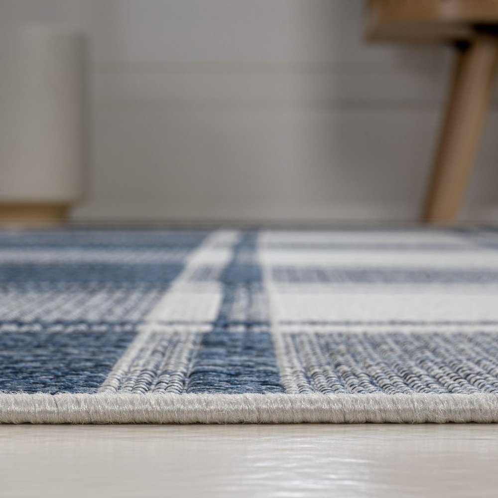 8' Navy Blue And Cream Gingham Indoor Outdoor Runner Rug HomeRoots