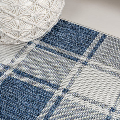 8' Navy Blue And Cream Gingham Indoor Outdoor Runner Rug HomeRoots