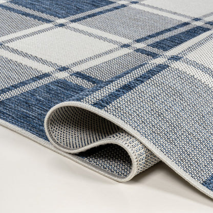 8' Navy Blue And Cream Gingham Indoor Outdoor Runner Rug HomeRoots