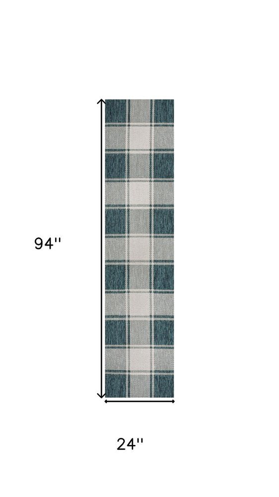 8' Turquoise And Cream Gingham Indoor Outdoor Runner Rug — view 7