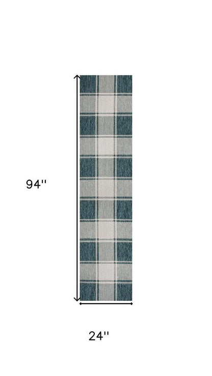 8' Turquoise And Cream Gingham Indoor Outdoor Runner Rug HomeRoots