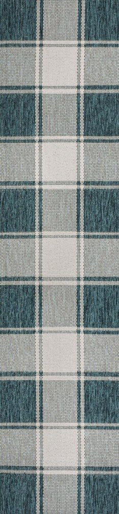 8' Turquoise And Cream Gingham Indoor Outdoor Runner Rug HomeRoots