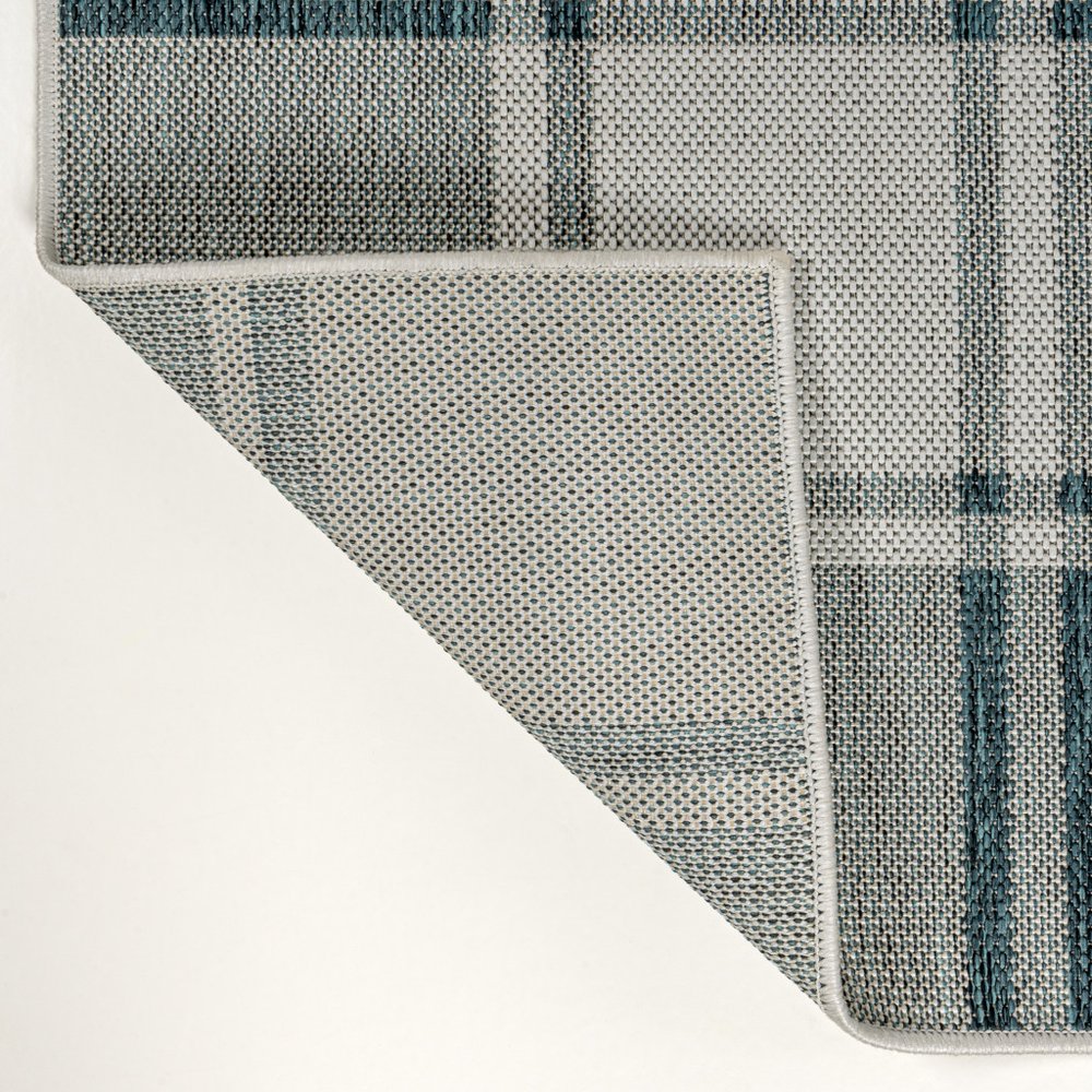 8' Turquoise And Cream Gingham Indoor Outdoor Runner Rug — view 2