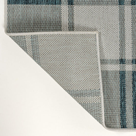 8' Turquoise And Cream Gingham Indoor Outdoor Runner Rug