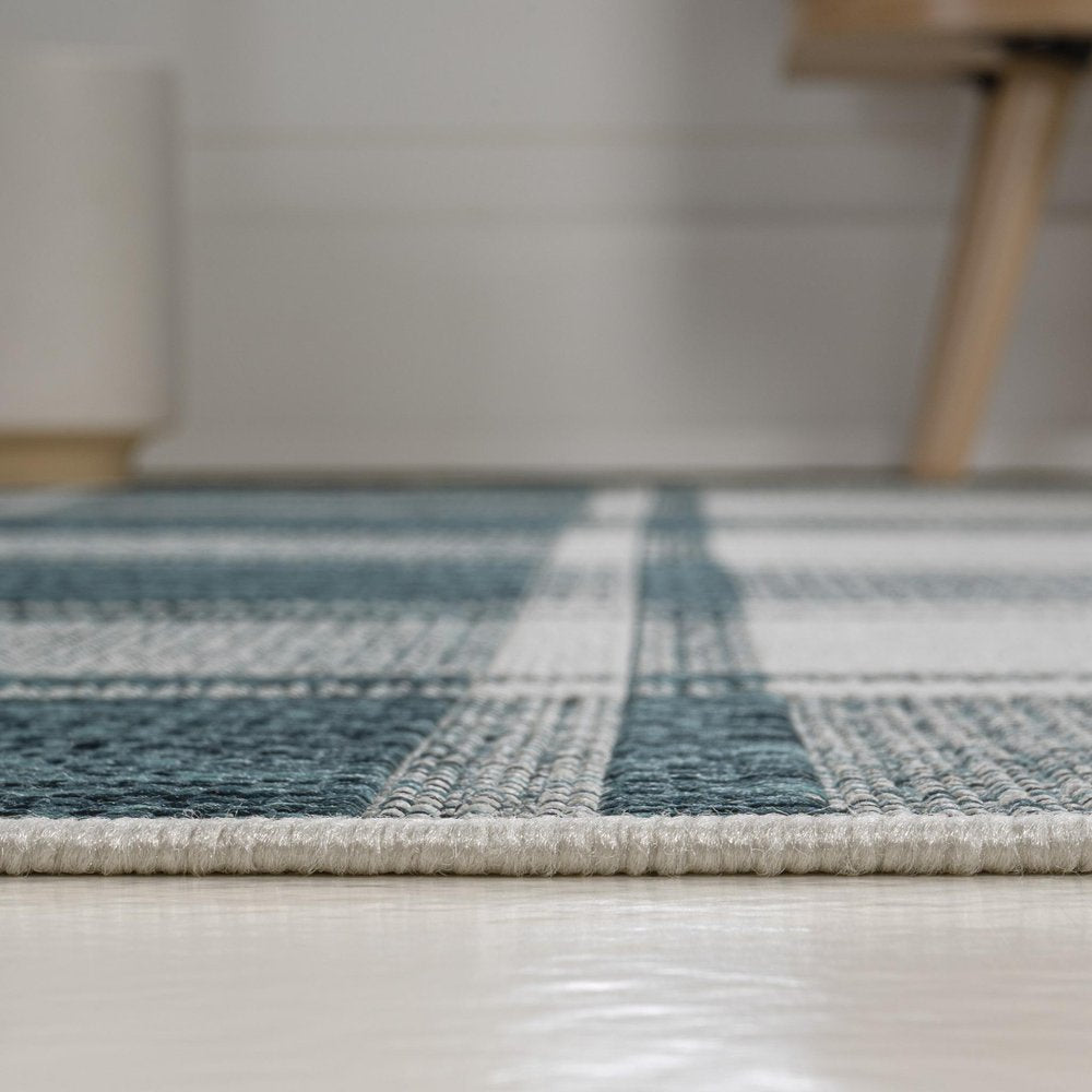 8' Turquoise And Cream Gingham Indoor Outdoor Runner Rug HomeRoots