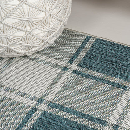 8' Turquoise And Cream Gingham Indoor Outdoor Runner Rug HomeRoots