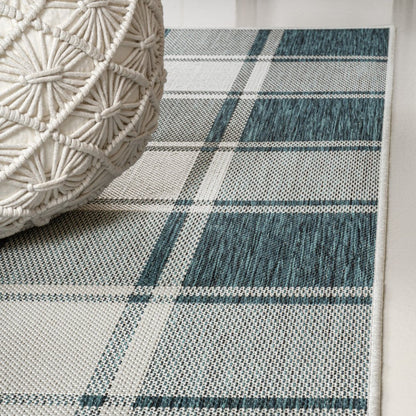 8' Turquoise And Cream Gingham Indoor Outdoor Runner Rug HomeRoots