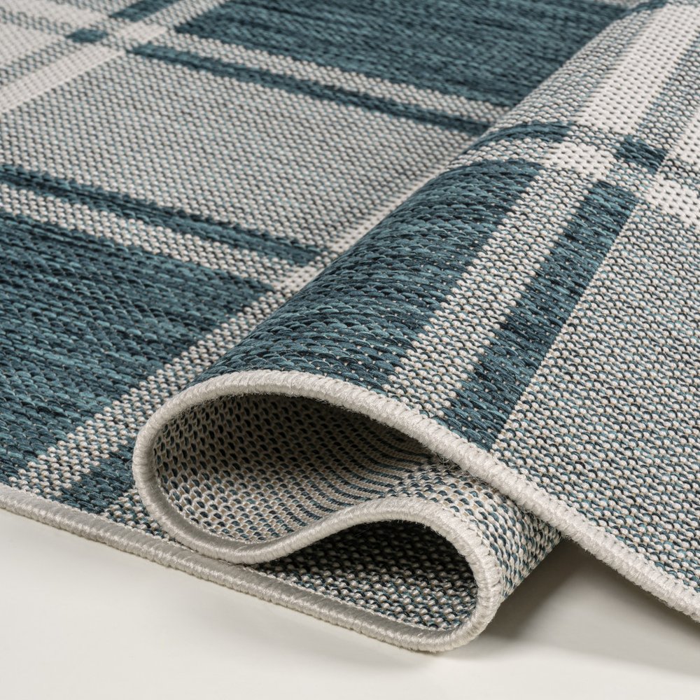 8' Turquoise And Cream Gingham Indoor Outdoor Runner Rug HomeRoots