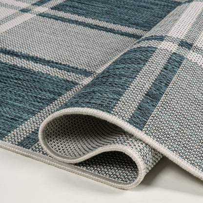 8' Turquoise And Cream Gingham Indoor Outdoor Runner Rug HomeRoots