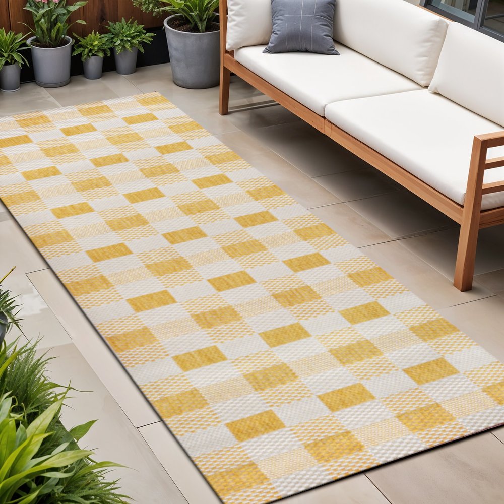 8' Yellow And Cream Geometric Indoor Outdoor Runner Rug HomeRoots