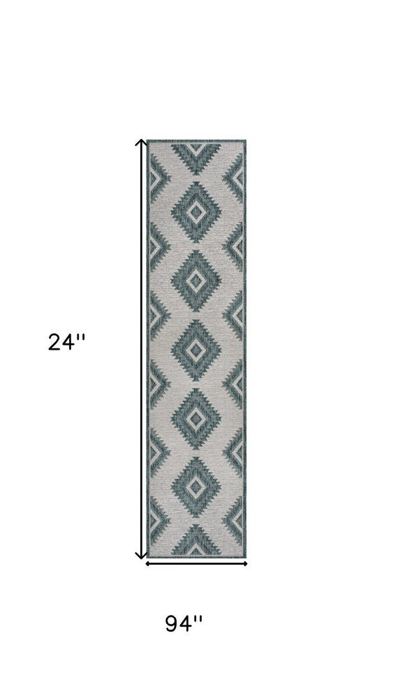8' Turquoise And Cream Moroccan Indoor Outdoor Runner Rug — view 6
