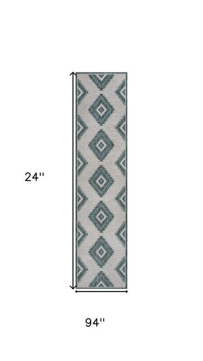 8' Turquoise And Cream Moroccan Indoor Outdoor Runner Rug HomeRoots