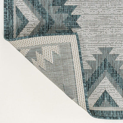 8' Turquoise And Cream Moroccan Indoor Outdoor Runner Rug HomeRoots