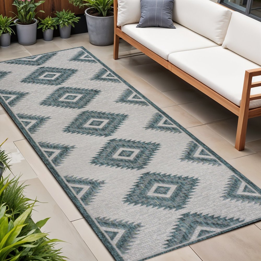 8' Turquoise And Cream Moroccan Indoor Outdoor Runner Rug — view 7