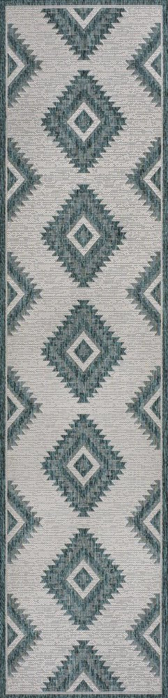 8' Turquoise And Cream Moroccan Indoor Outdoor Runner Rug