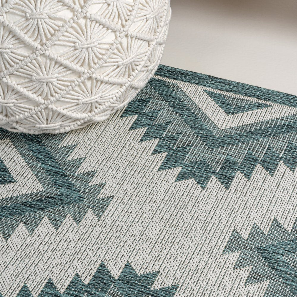 8' Turquoise And Cream Moroccan Indoor Outdoor Runner Rug — view 4