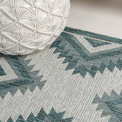 8' Turquoise And Cream Moroccan Indoor Outdoor Runner Rug HomeRoots