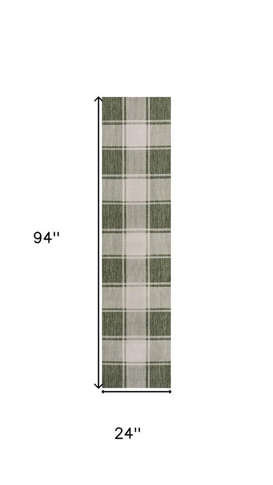 8' Green And Cream Gingham Indoor Outdoor Runner Rug HomeRoots