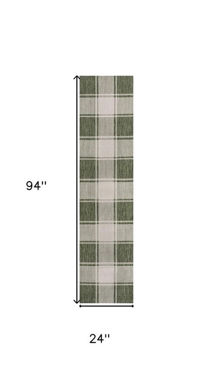 8' Green And Cream Gingham Indoor Outdoor Runner Rug HomeRoots