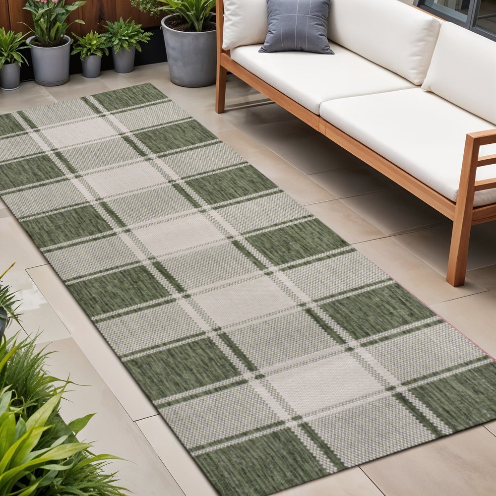 8' Green And Cream Gingham Indoor Outdoor Runner Rug HomeRoots