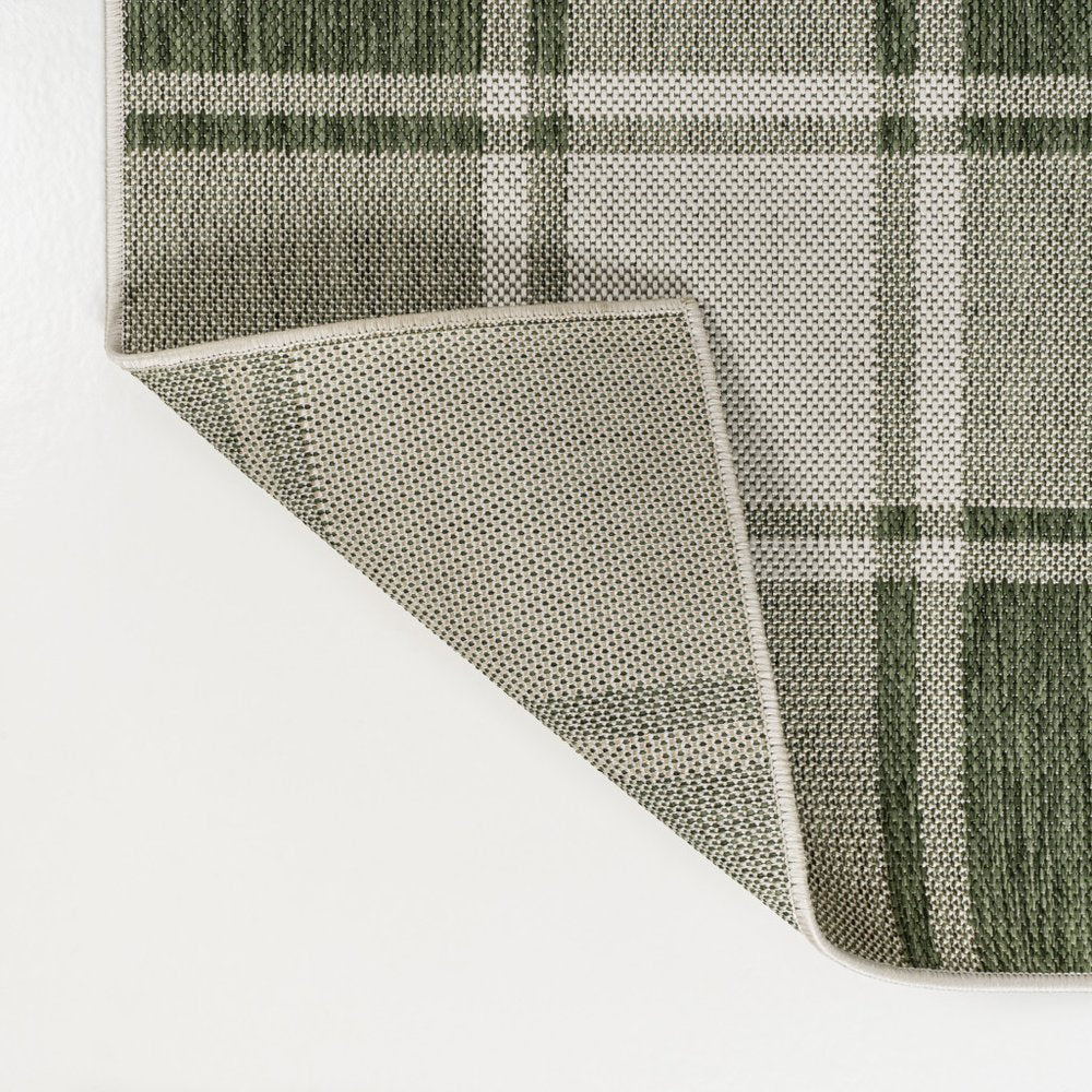 8' Green And Cream Gingham Indoor Outdoor Runner Rug — view 2