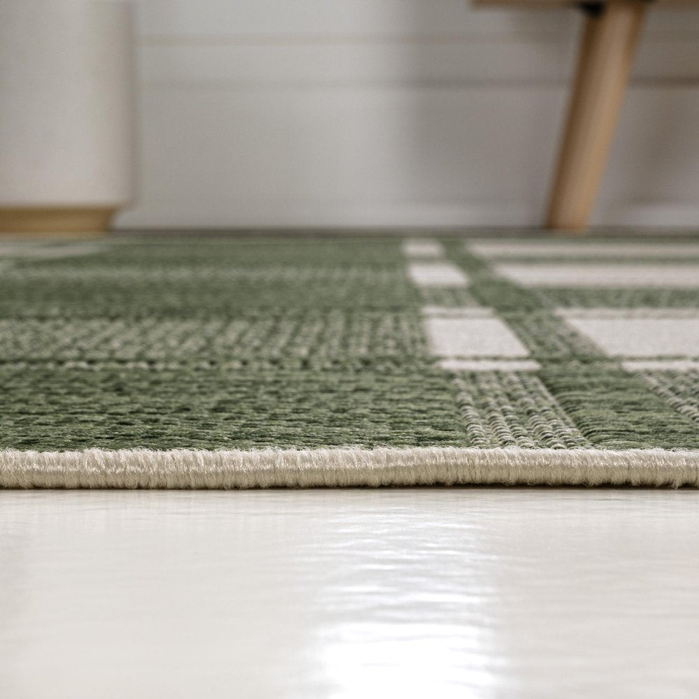 8' Green And Cream Gingham Indoor Outdoor Runner Rug — view 3