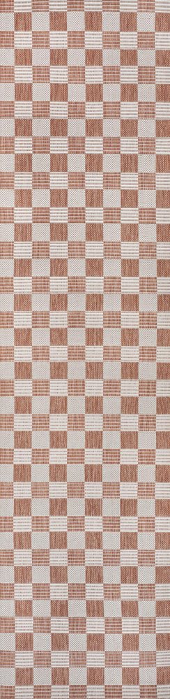 8' Salmon And Cream Geometric Indoor Outdoor Runner Rug HomeRoots