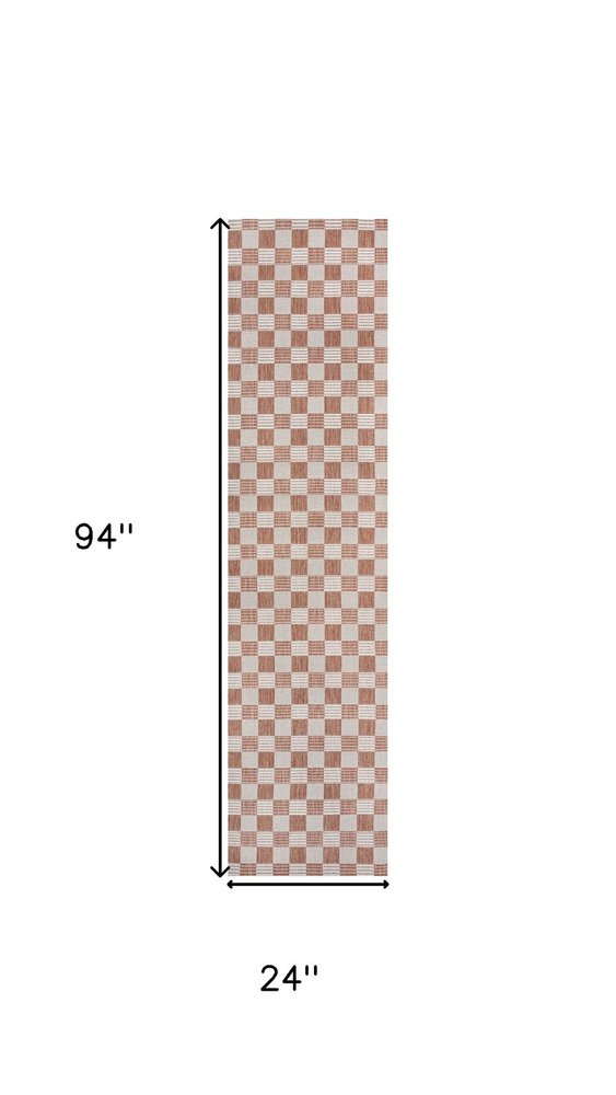 8' Salmon And Cream Geometric Indoor Outdoor Runner Rug — view 5