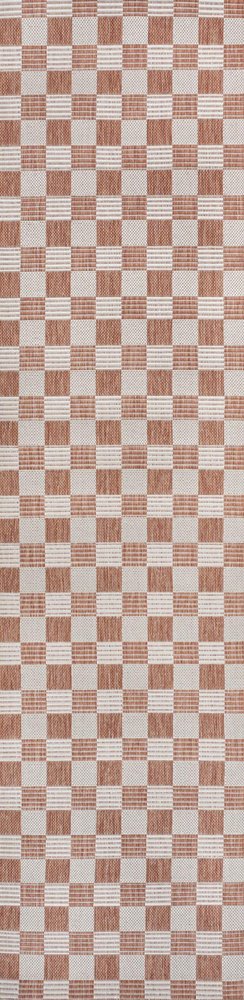 8' Salmon And Cream Geometric Indoor Outdoor Runner Rug