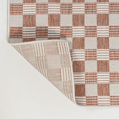 8' Salmon And Cream Geometric Indoor Outdoor Runner Rug HomeRoots