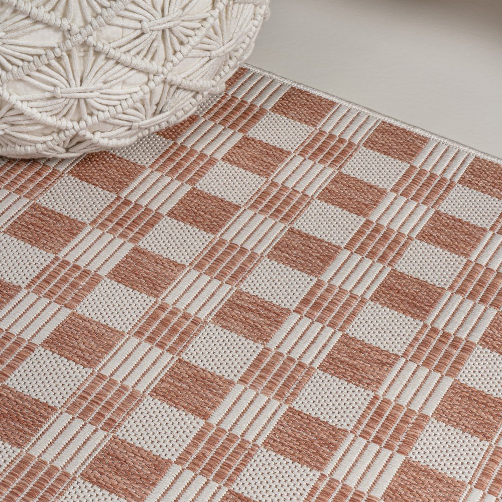 8' Salmon And Cream Geometric Indoor Outdoor Runner Rug HomeRoots