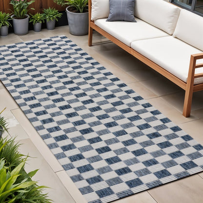 8' Navy Blue And Cream Geometric Indoor Outdoor Runner Rug HomeRoots