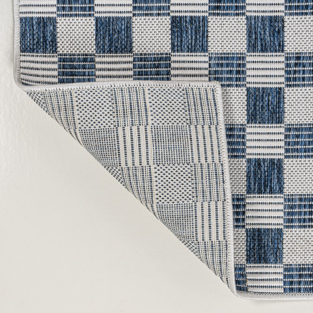 8' Navy Blue And Cream Geometric Indoor Outdoor Runner Rug — view 2