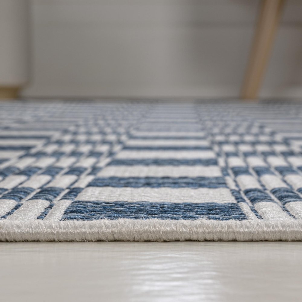 8' Navy Blue And Cream Geometric Indoor Outdoor Runner Rug HomeRoots