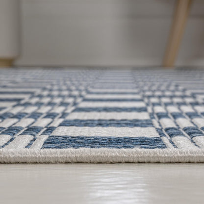 8' Navy Blue And Cream Geometric Indoor Outdoor Runner Rug HomeRoots