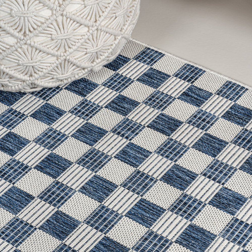 8' Navy Blue And Cream Geometric Indoor Outdoor Runner Rug — view 4